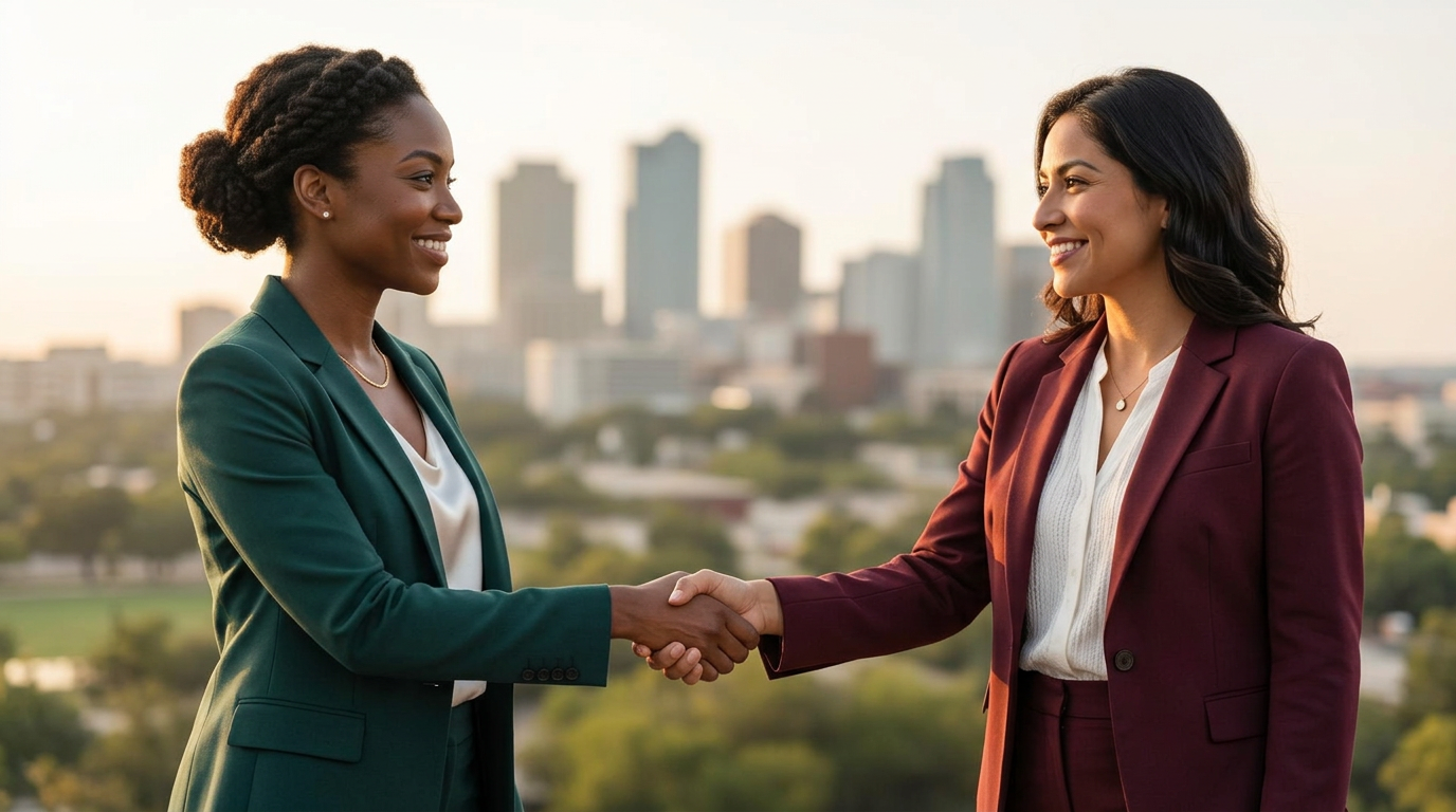 Two professionals shaking hands with the Austin skyline behind them
