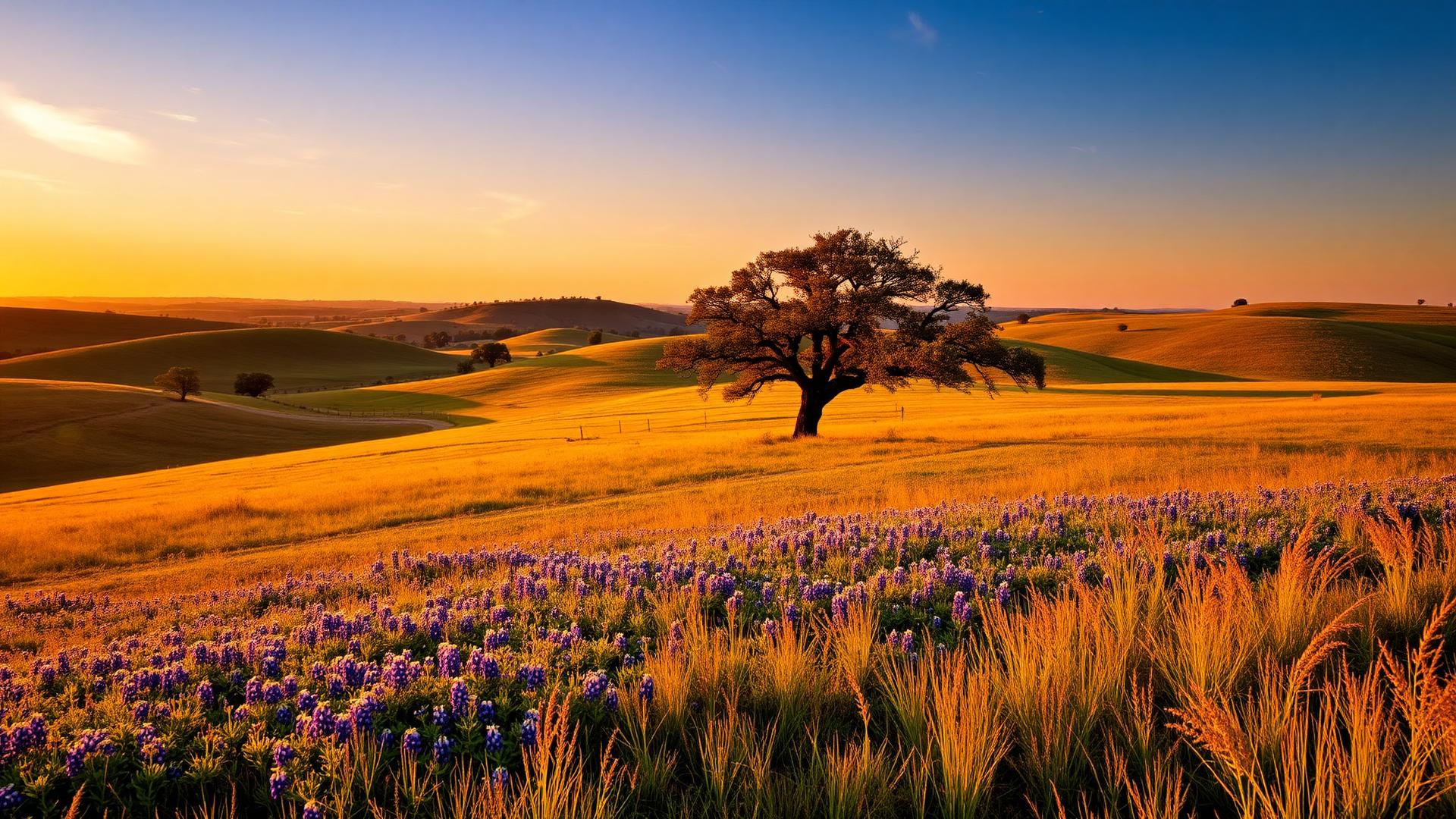 Rural Texas hill country at sunset